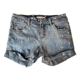 Q2 Unique Denim Womens Roll Tab Shorts Mid Rise Embroidered Blue Size Small